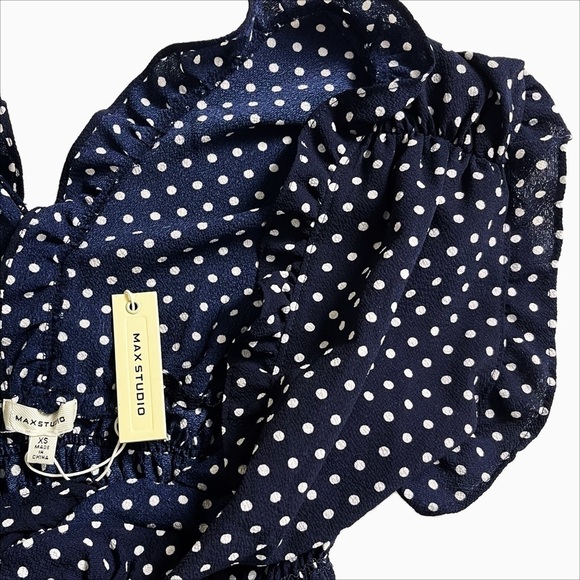 ✨NEW!✨ MAX STUDIO Women's Blue V-neck Polka Dot Shirred Waist Jumpsuit - XS - Picture 6 of 10